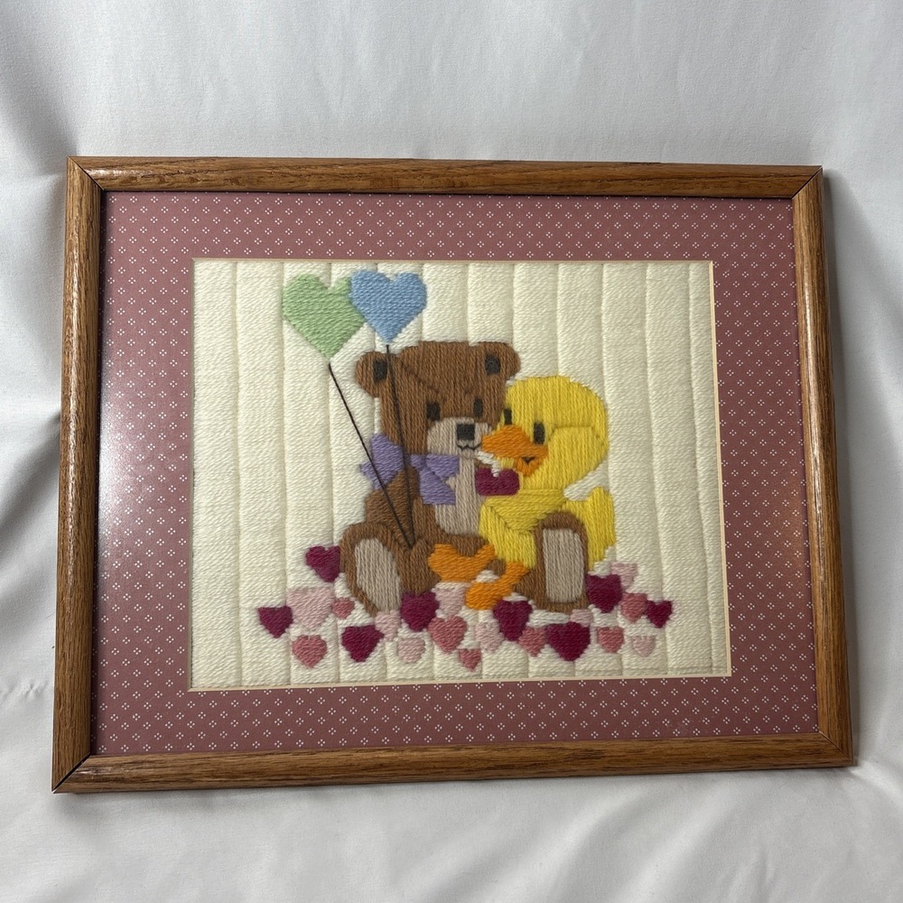 Vtg Crewel Embroidery Creative Circles Little Buddies Bear Duck Framed Picture